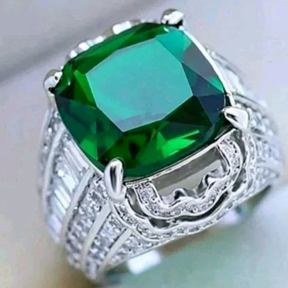 5Ct Cushion Lab Created Emerald Solitaire Engagement Ring 14K White Gold Plated